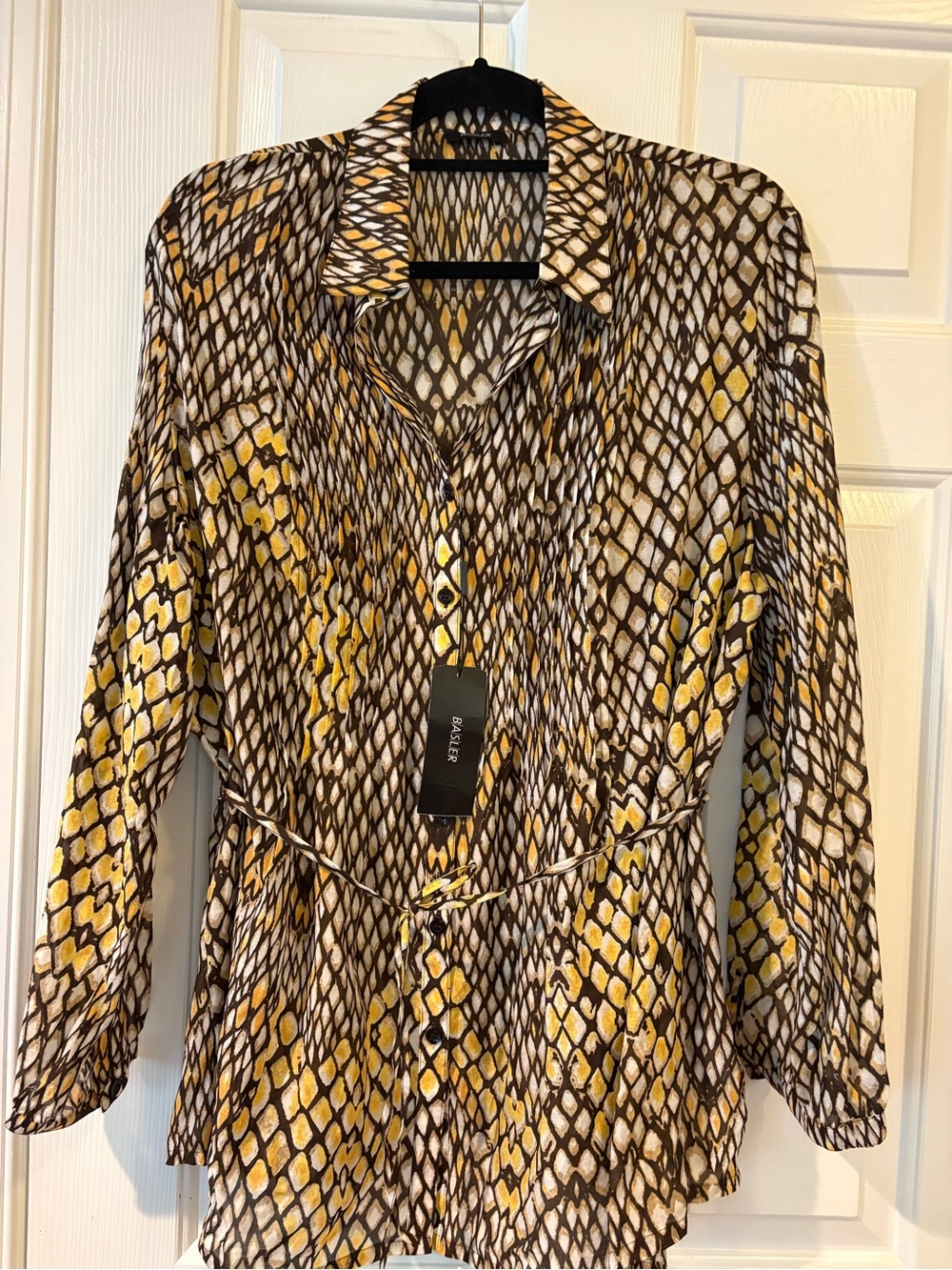 Basler Yellow, Brown & Cream Snake-Print Button-Front Blouse